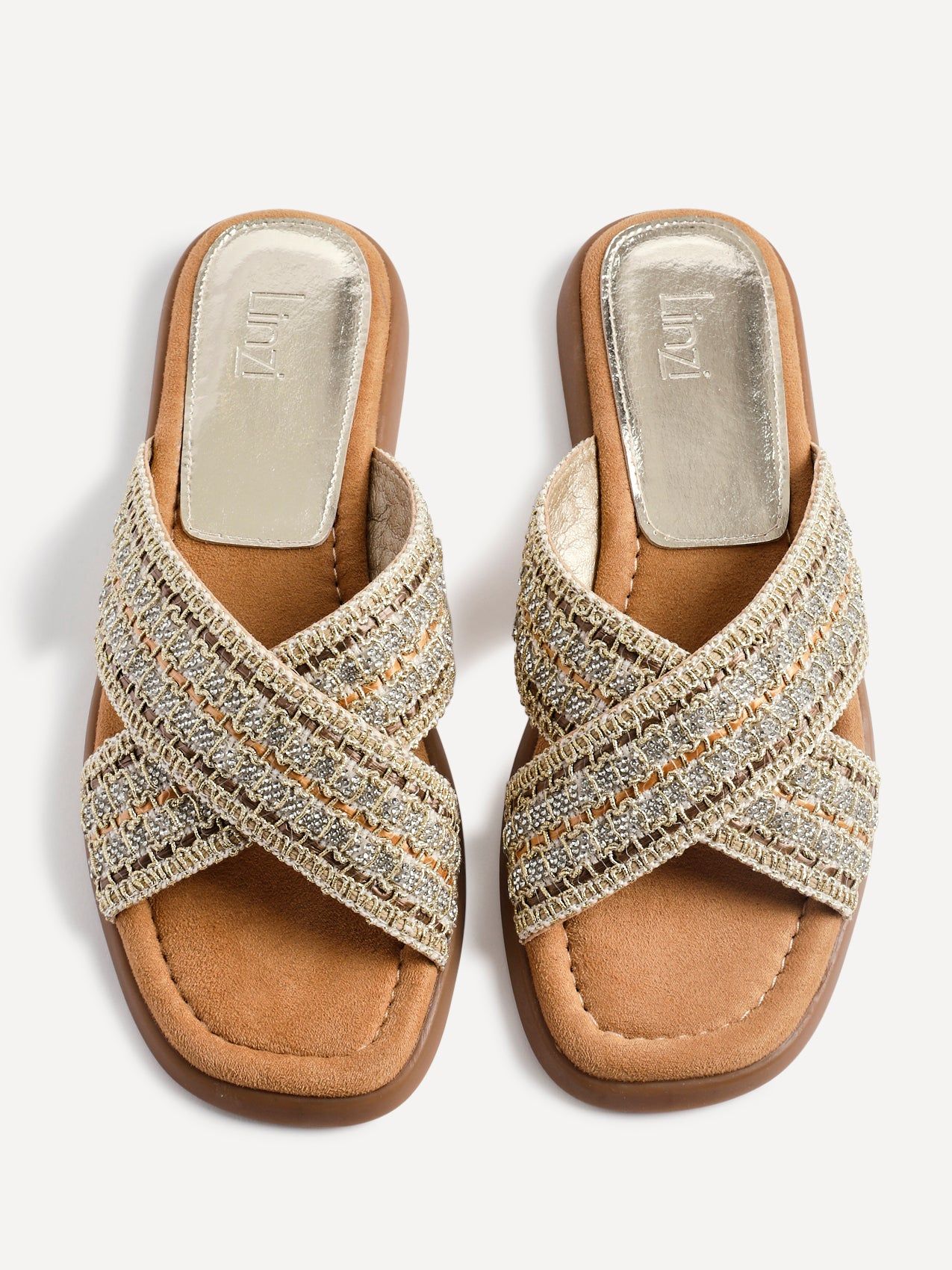 Linzi Genie Gold Embellished Raffia Flat Slider Sandal image 5