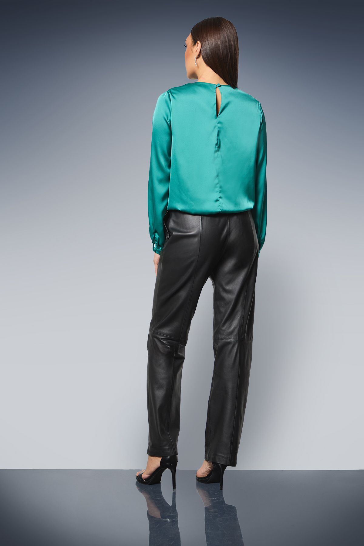 Principles Gathered Neck Tie Waist Satin Blouse Teal image 3