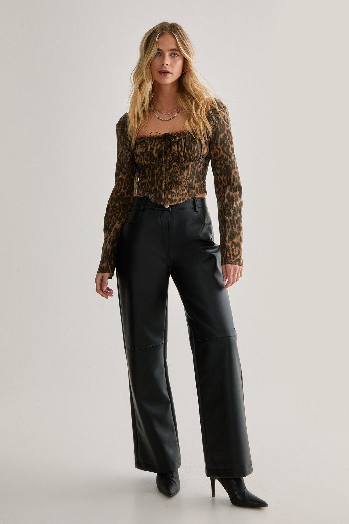 NastyGal Leopard Long Sleeve Lace Up Back Corset Top Brown image 2