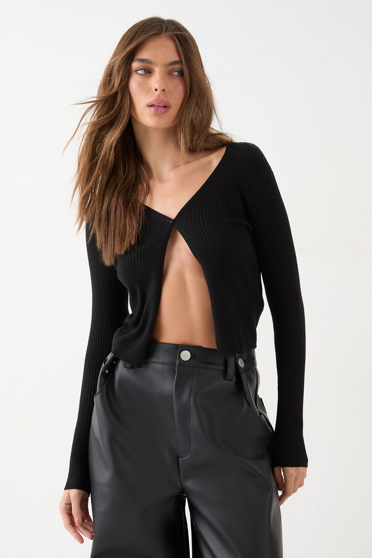 MissPap Rib Knit Button Front Top Black image 1