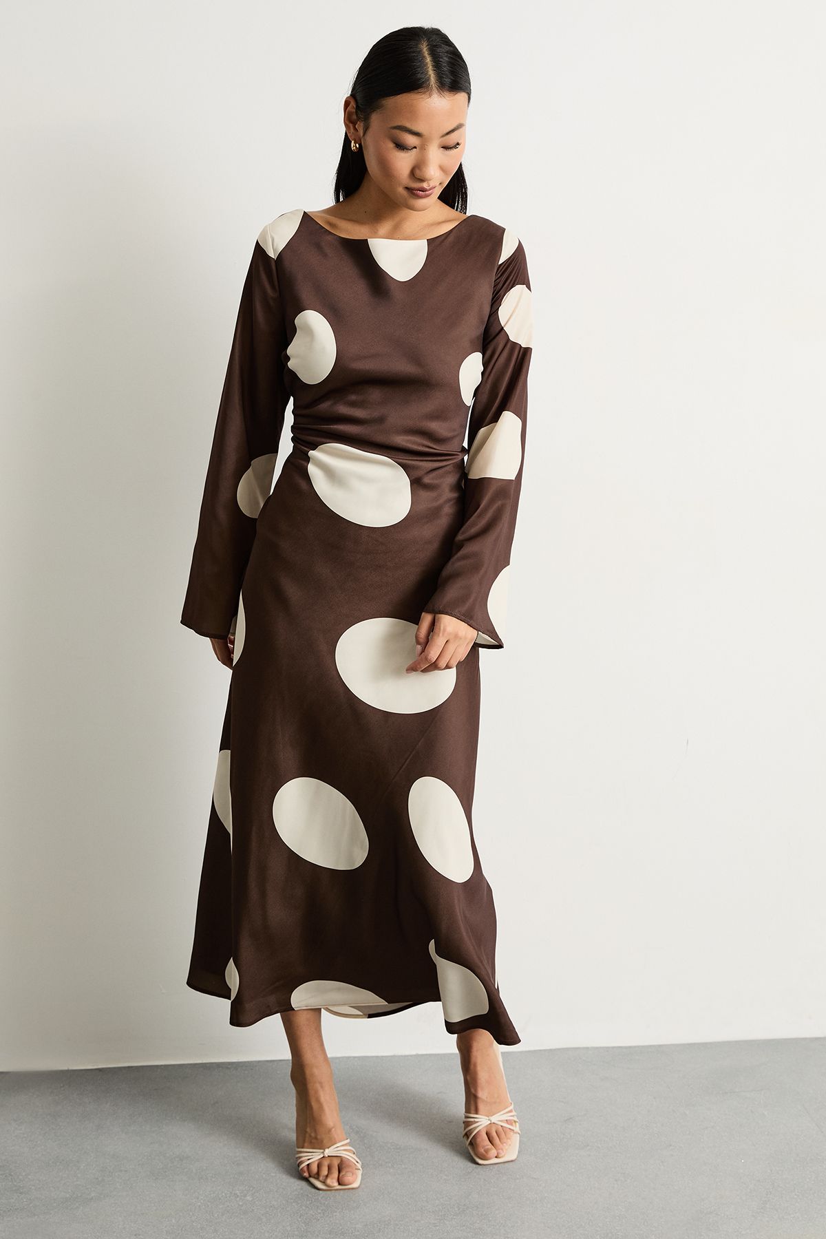 Warehouse Petite Polka Dot Scoop Back Long Sleeve Maxi Dress Brown image 1