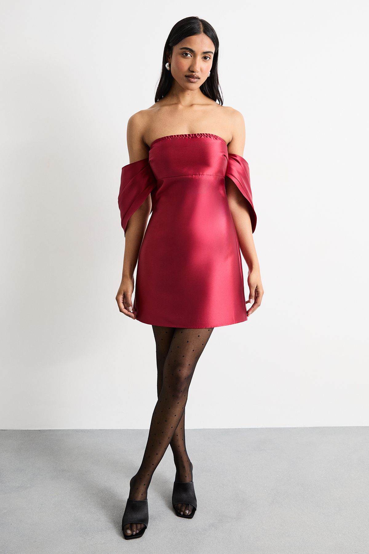 Warehouse Structured Puff Sleeve Bardot Mini Dress Dark Red image 2