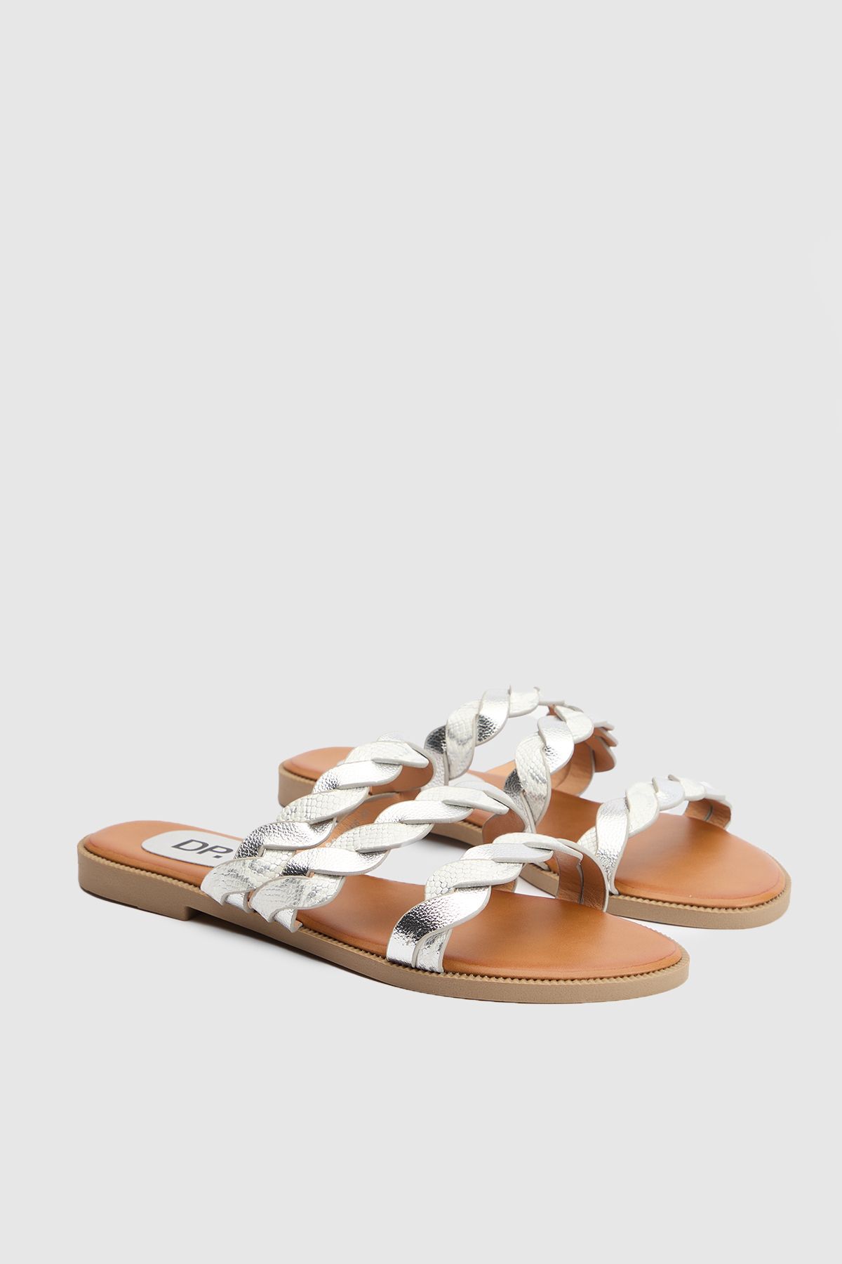 Dorothy Perkins Mel Metallic Faux Leather Plaited Straps Detail Flat Sliders Silver