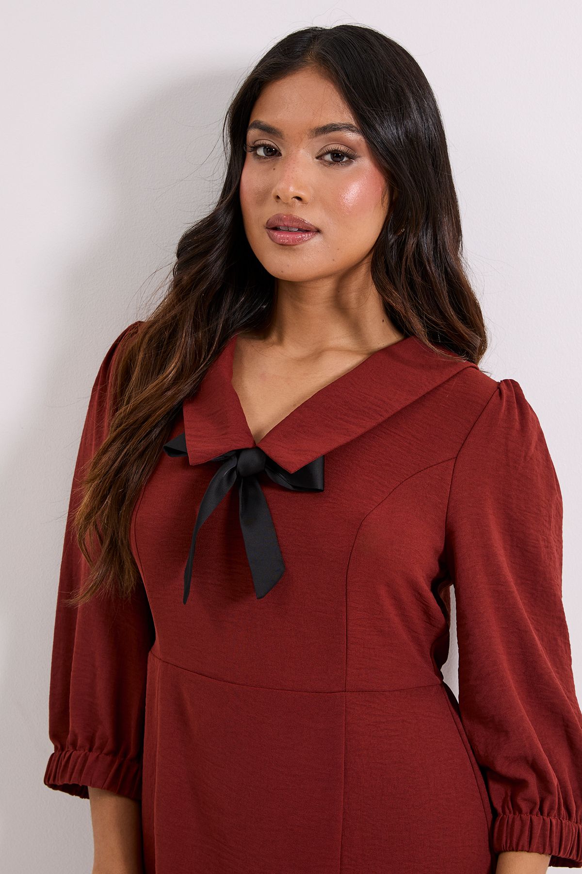 Dorothy Perkins Petite Collar Detail Bow Front Midi Dress Rust image 4