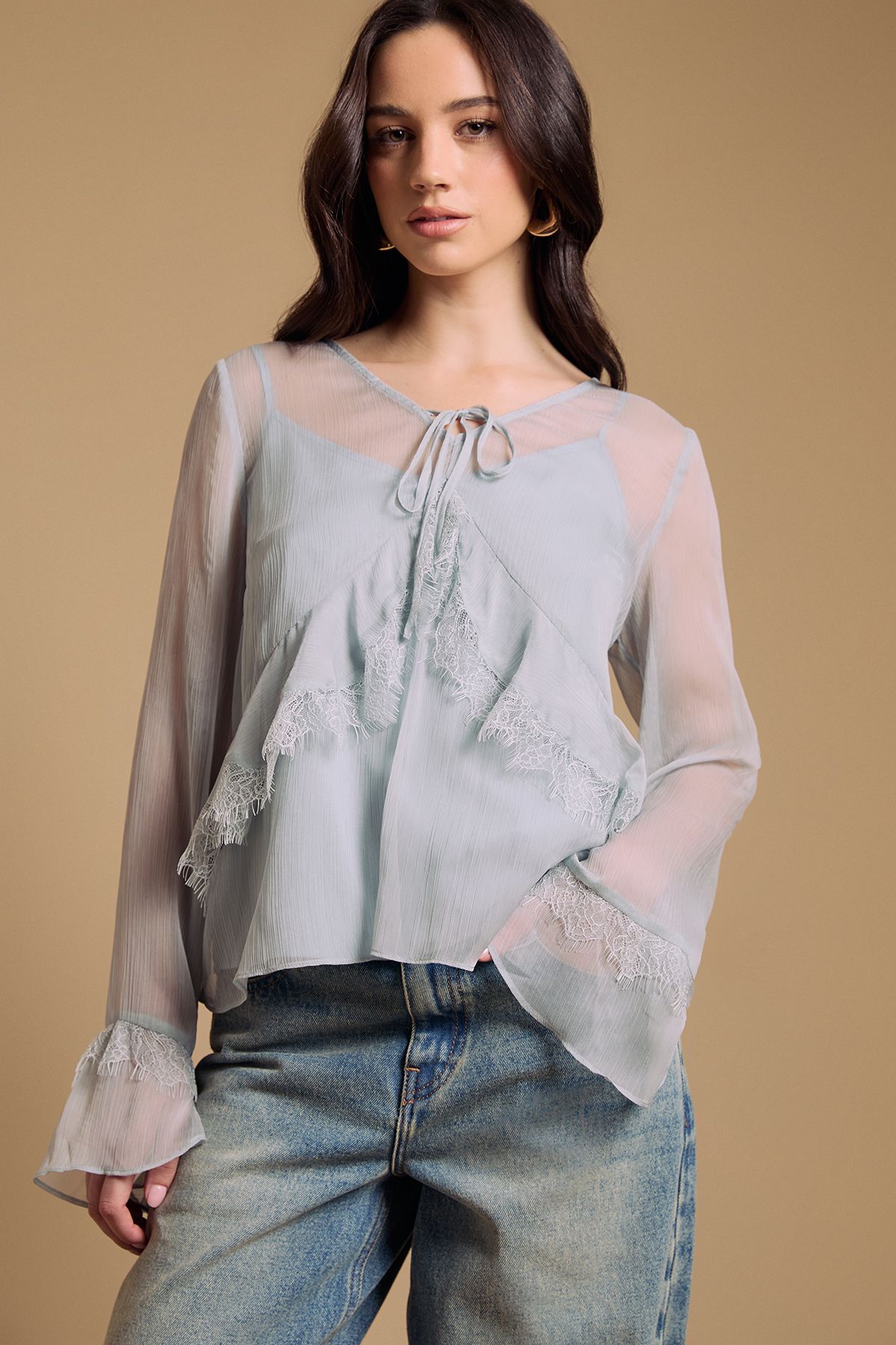 Oasis Fluted sleeve lace trim blouse Baby Blue image 1