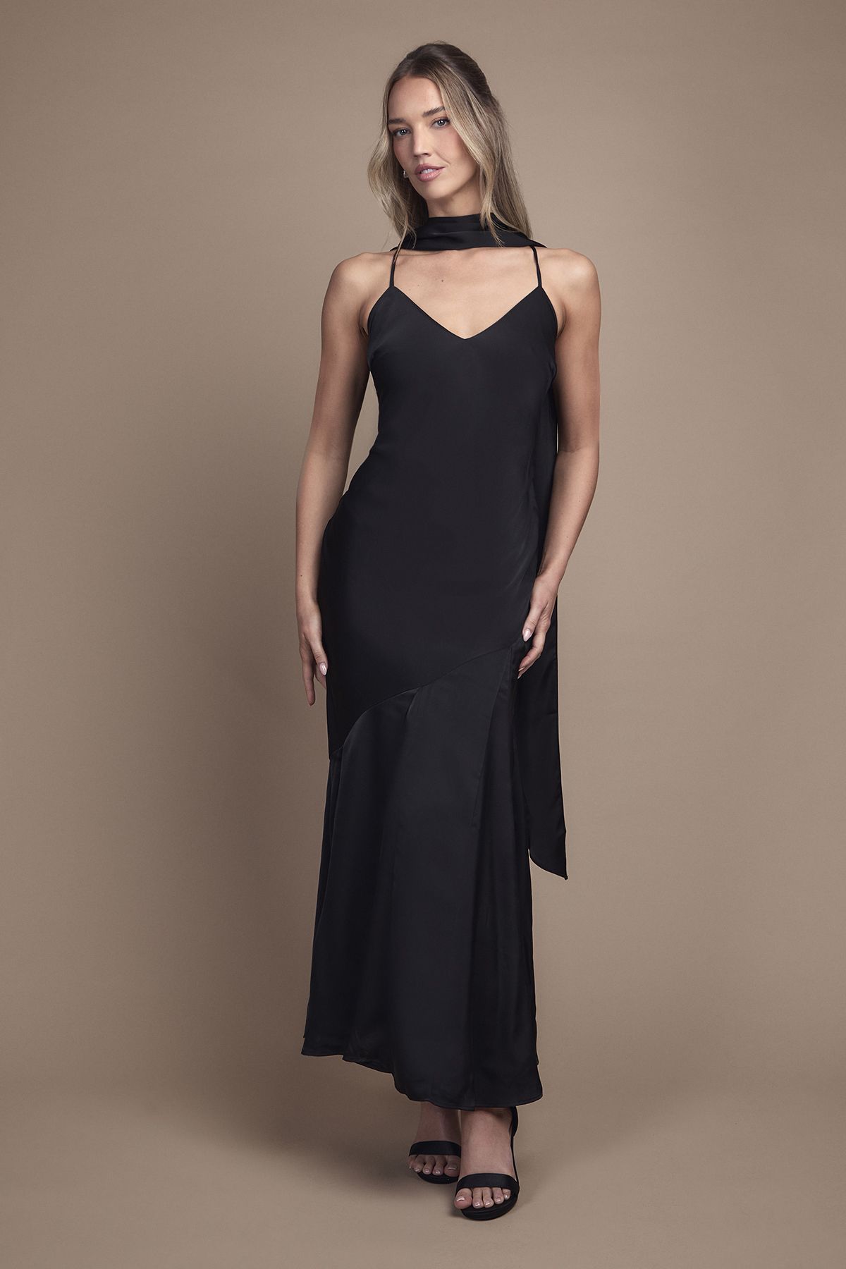 Oasis Oasis By Coast Satin Scarf Detail Strappy Maxi Bridesmaid Dress Black