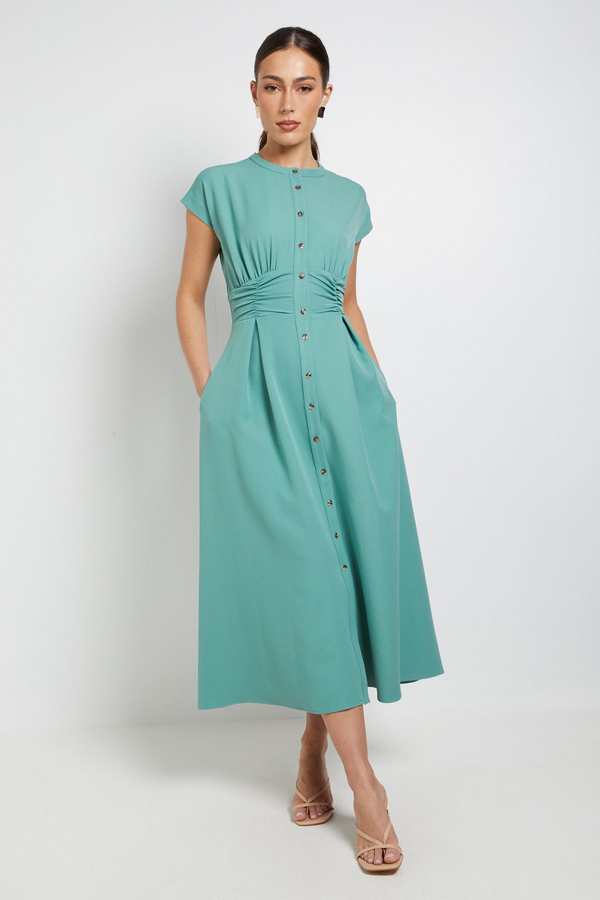 Principles Structured Ruched Button Through Maxi Dress Green