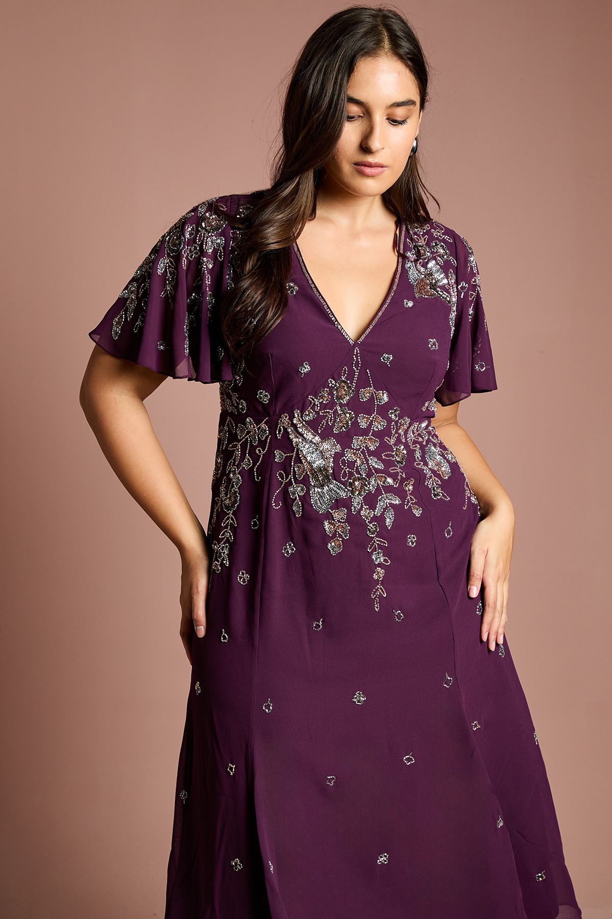 Coast Plus Floral Embellished Flutter Sleeve Midi Dress Wine image 2