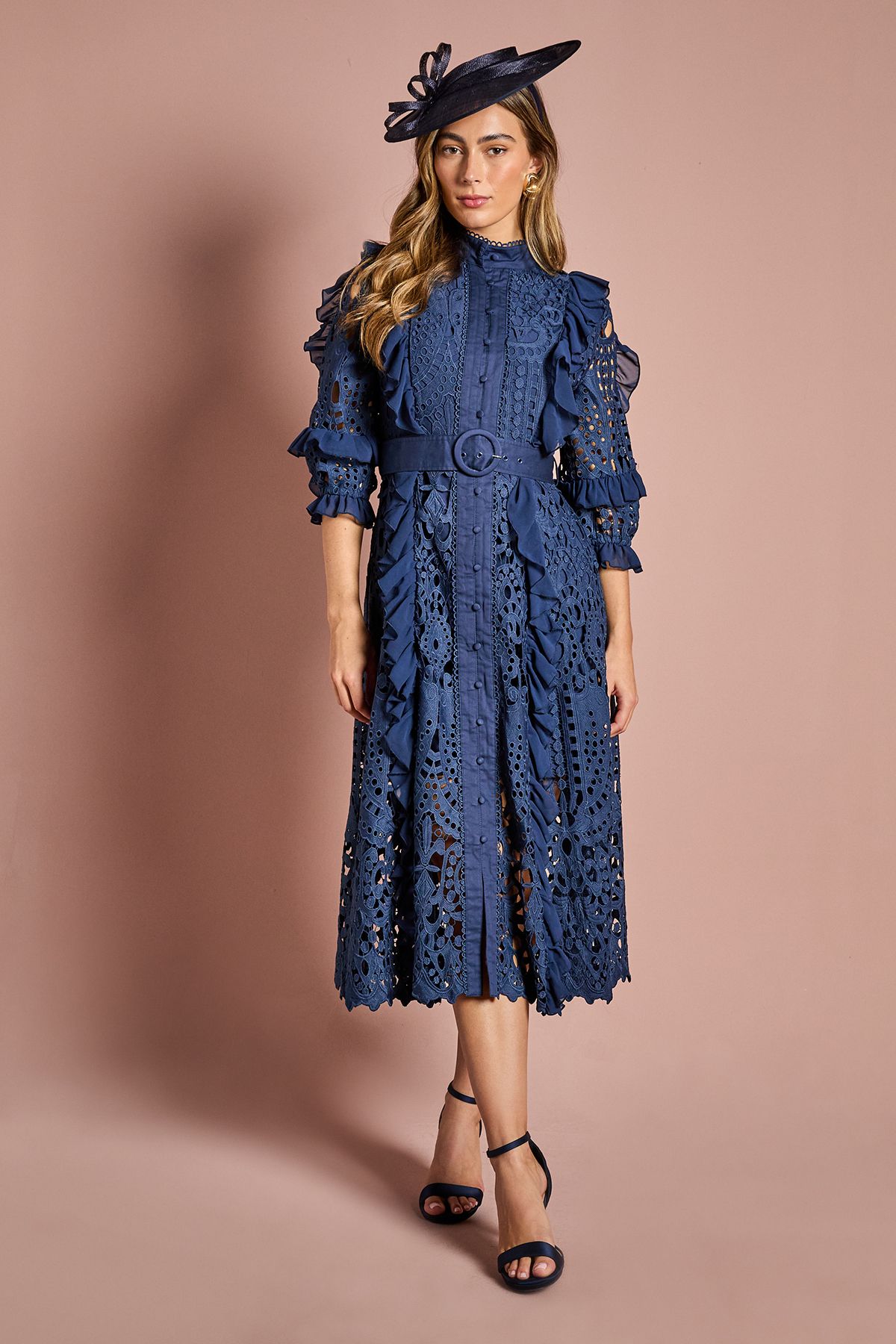 Coast Lace Ruffle Shirt Dress With Tie Navy image 1