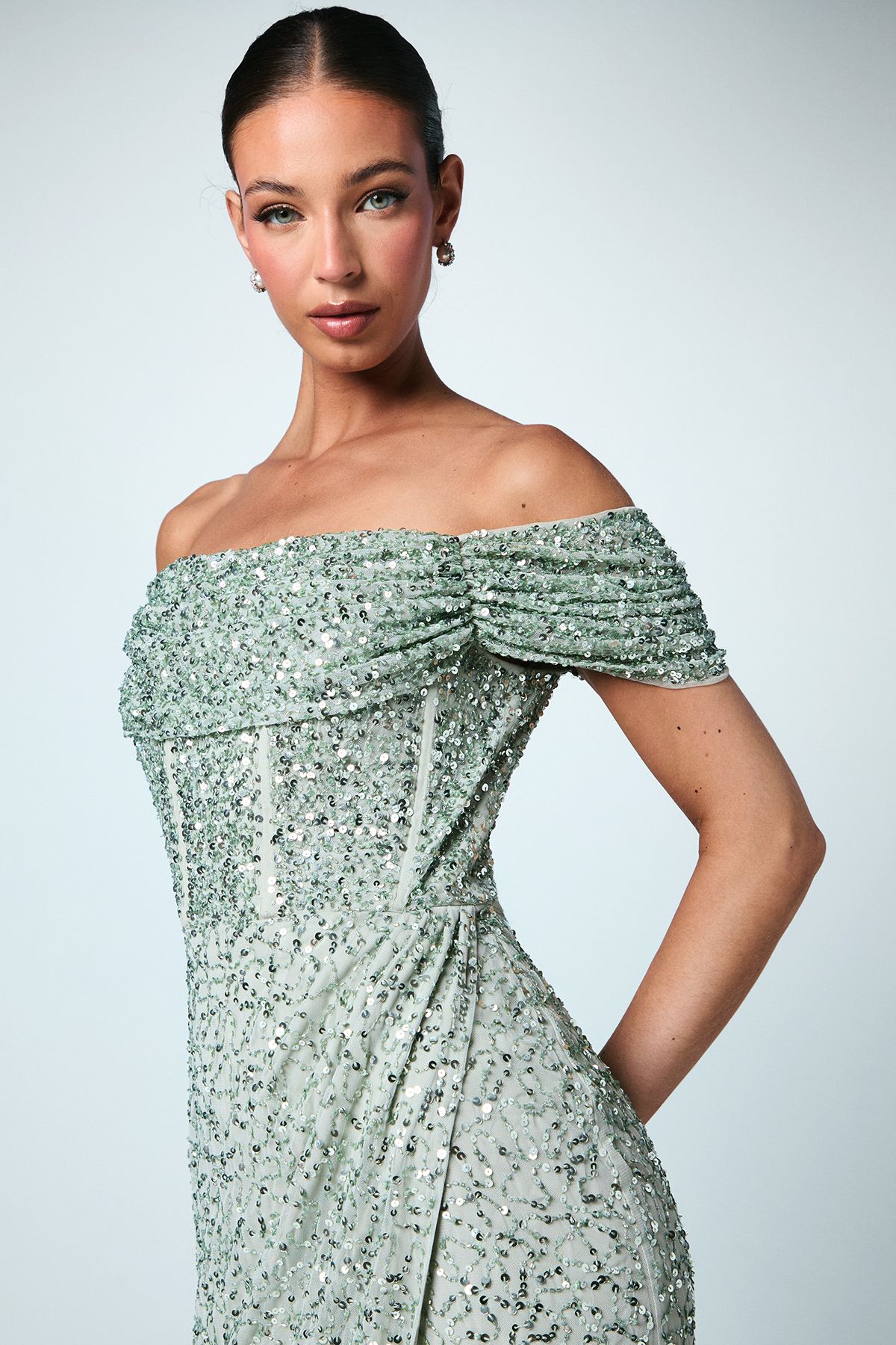 Coast Sequin Bardot Maxi Bridesmaid Dress Sage image 4