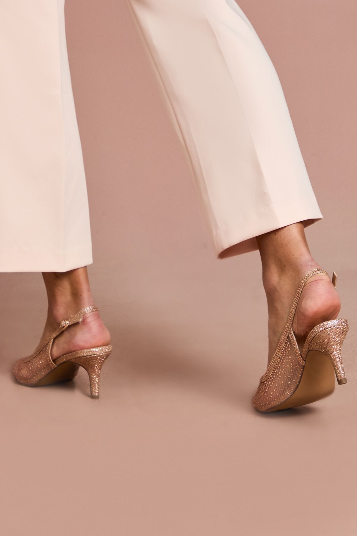 Coast Sara Mesh Diamante Kitten Heel Slingback Court Shoes Nude Pink image 4