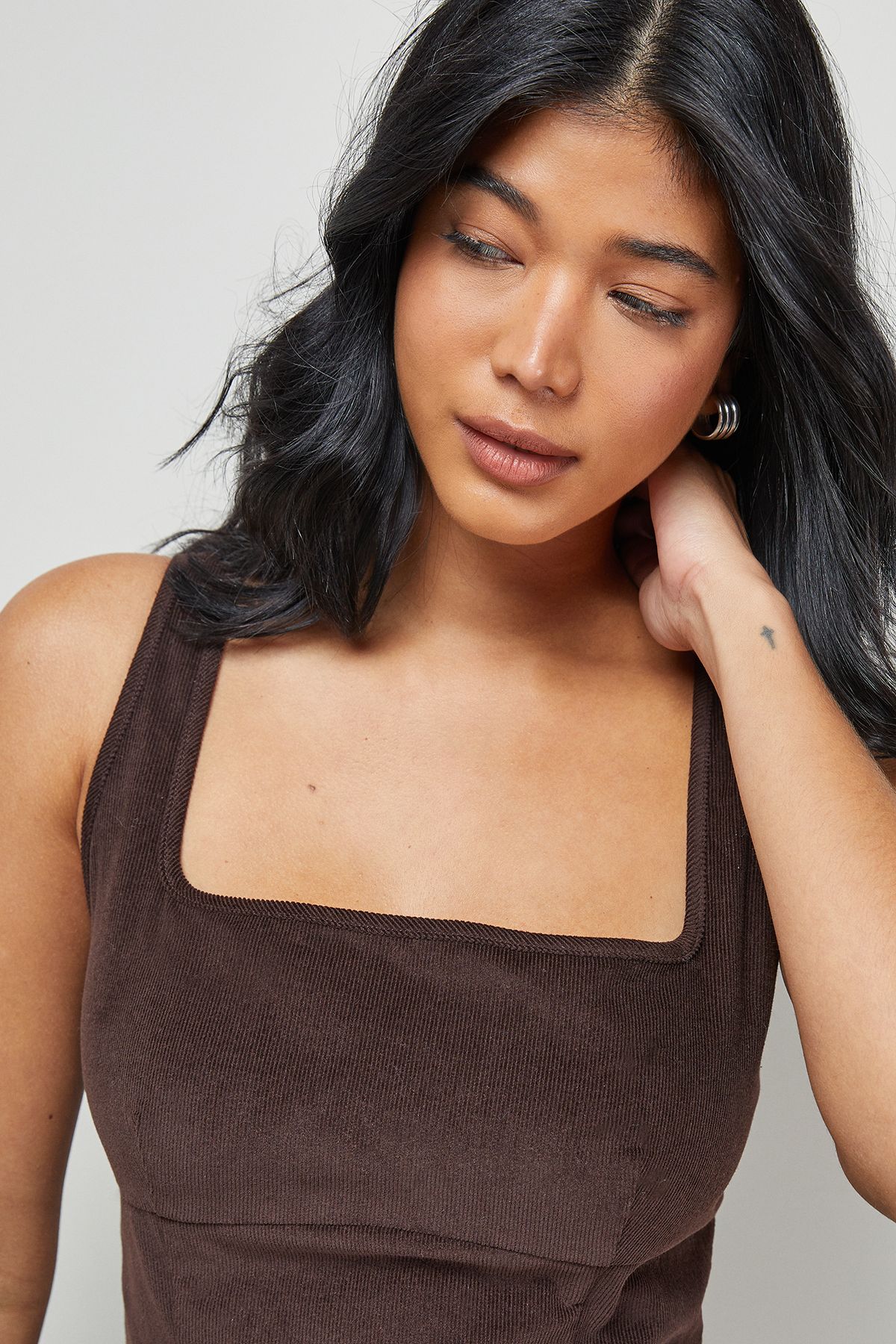 Warehouse Cord Square Neck Pinafore Mini Dress Chocolate image 4