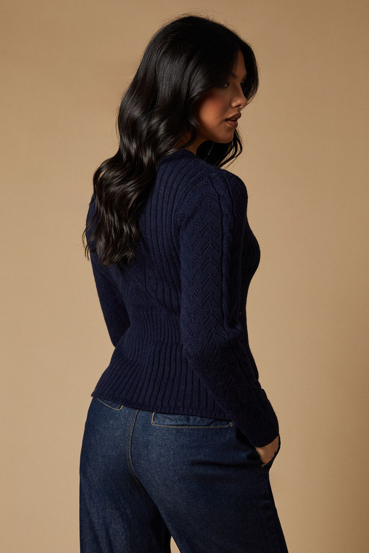 Oasis Pointelle And Cable Peplum V Neck Jumper Navy image 3