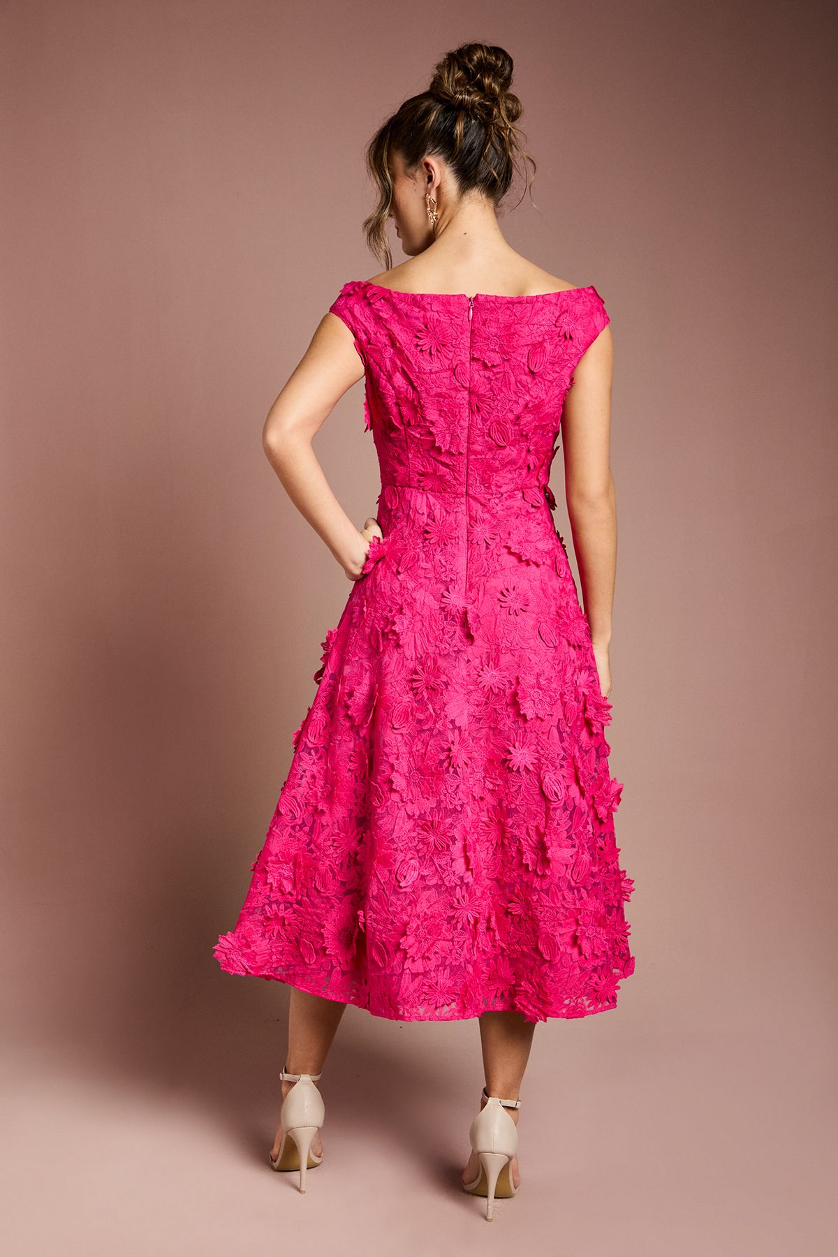 Coast 3d Floral Bardot Midi Dresss Hot Pink image 3