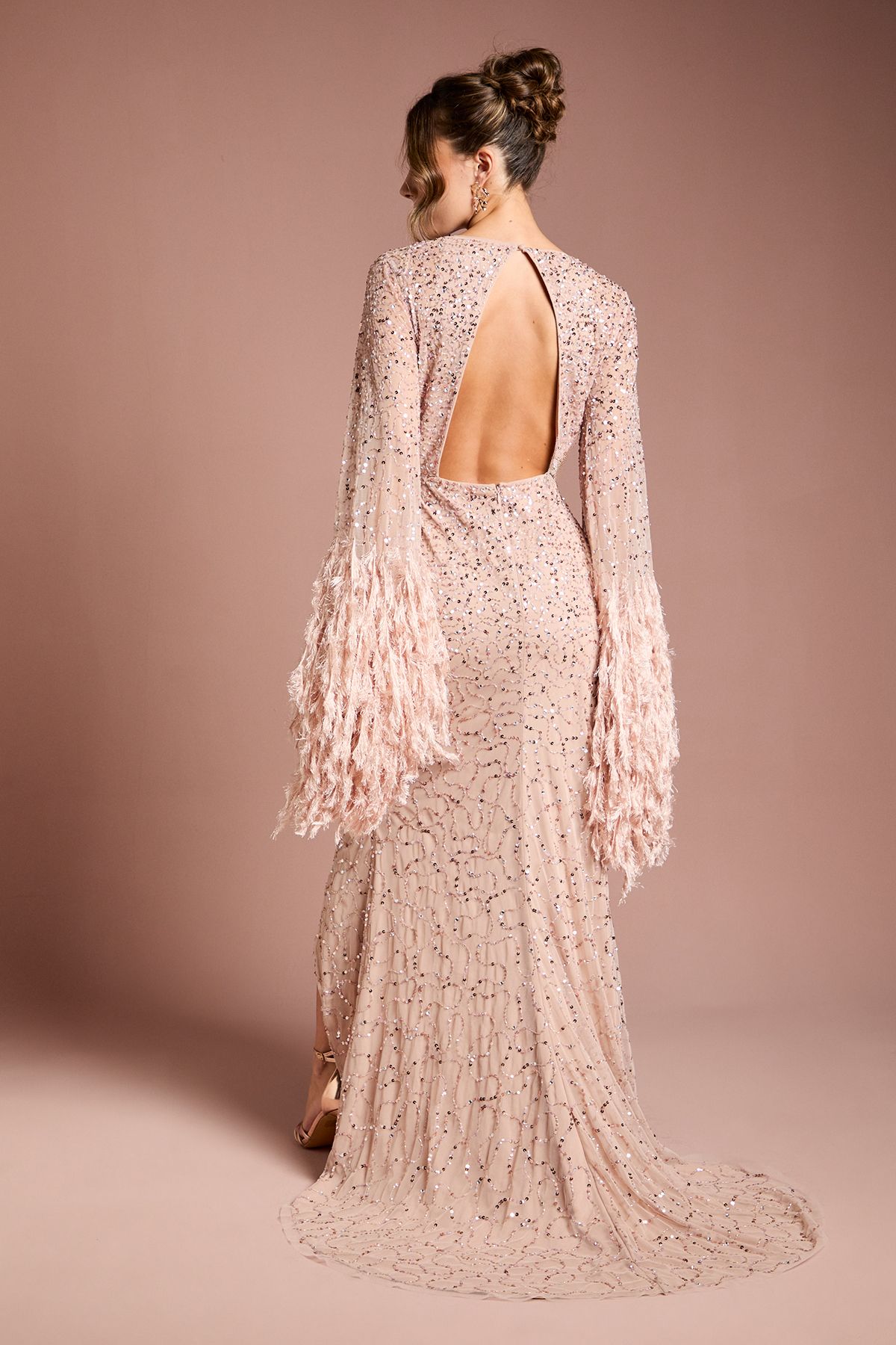 Coast Sequin Embellished Feather Trim Black Tie Maxi Dress Blush image 3