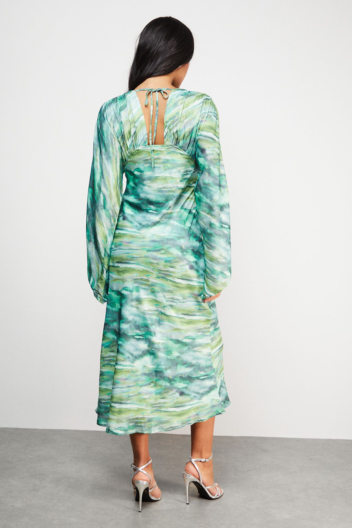 Warehouse Flare Sleeve Plunge Satin Midi Dress Green image 3