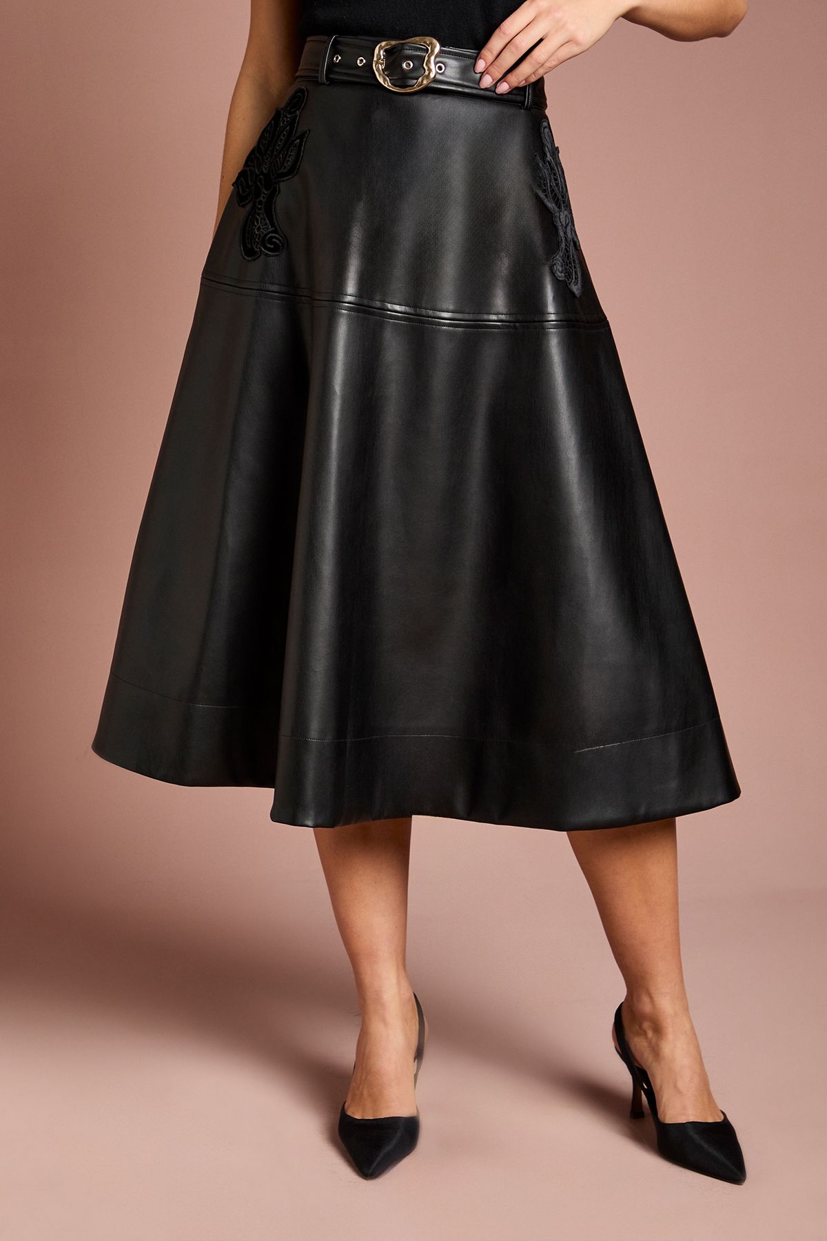 Coast Applique PU Midi Skirt Black image 2