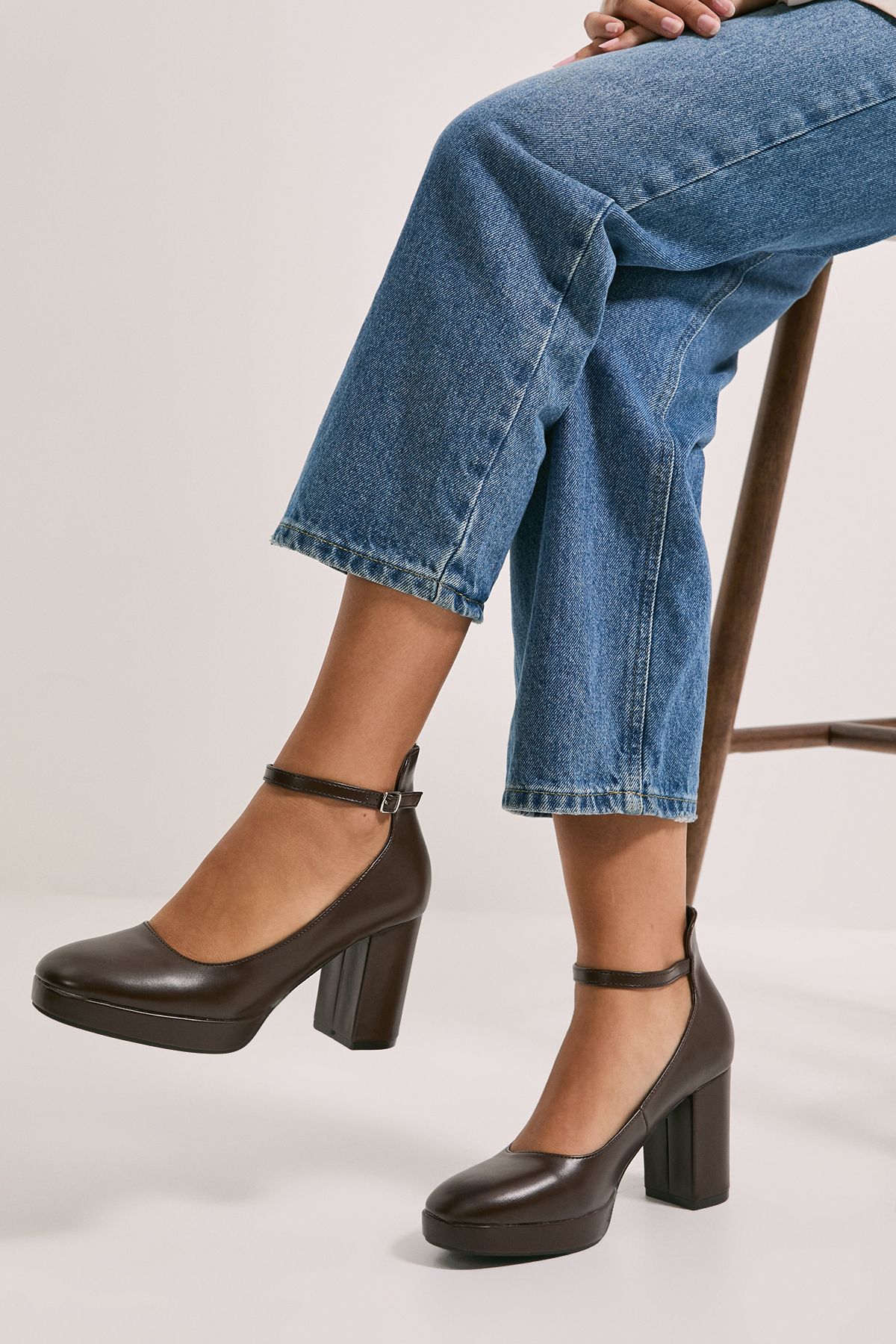 Dorothy Perkins Vanessa Faux Leather Platform Ankle Strap High Block Heel Court Shoes Chocolate