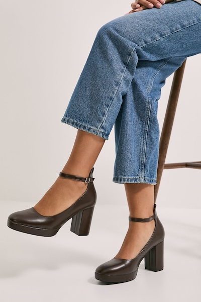 Dorothy Perkins Vanessa Faux Leather Platform Ankle Strap High Block Heel Court Shoes Chocolate