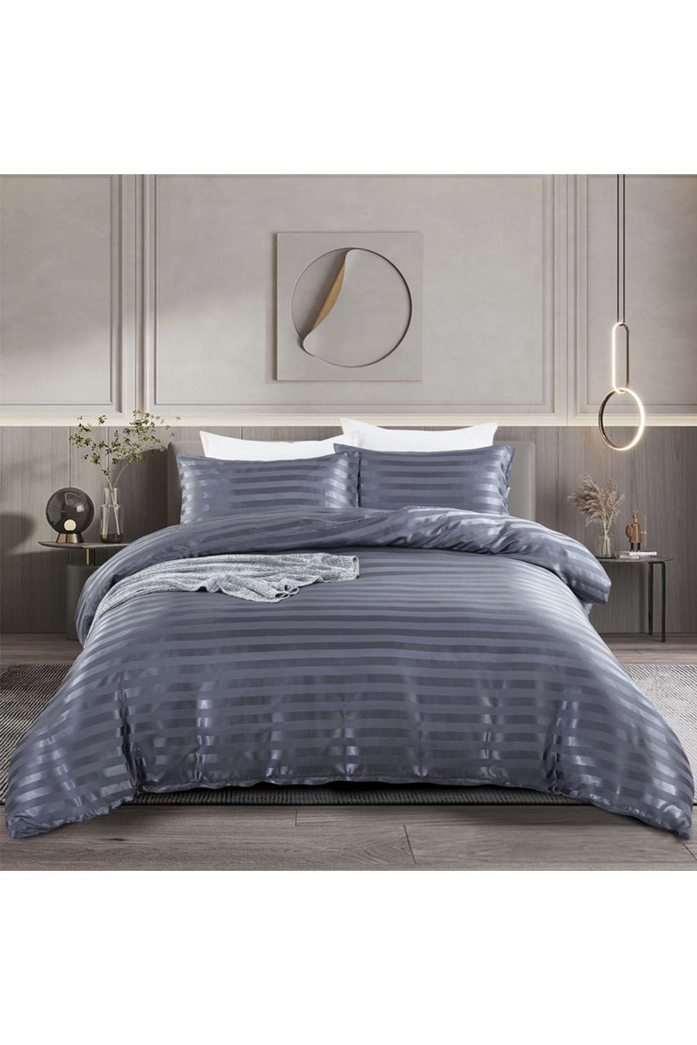 Living and Home Grey Striped Satin Accent Single Duvet Cover Set – 135x200cm Duvet & 50x75cm Pillowcase image 1