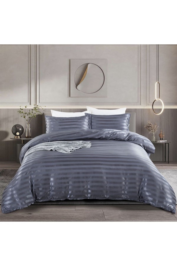 Living and Home Grey Striped Satin Accent Single Duvet Cover Set – 135x200cm Duvet & 50x75cm Pillowcase