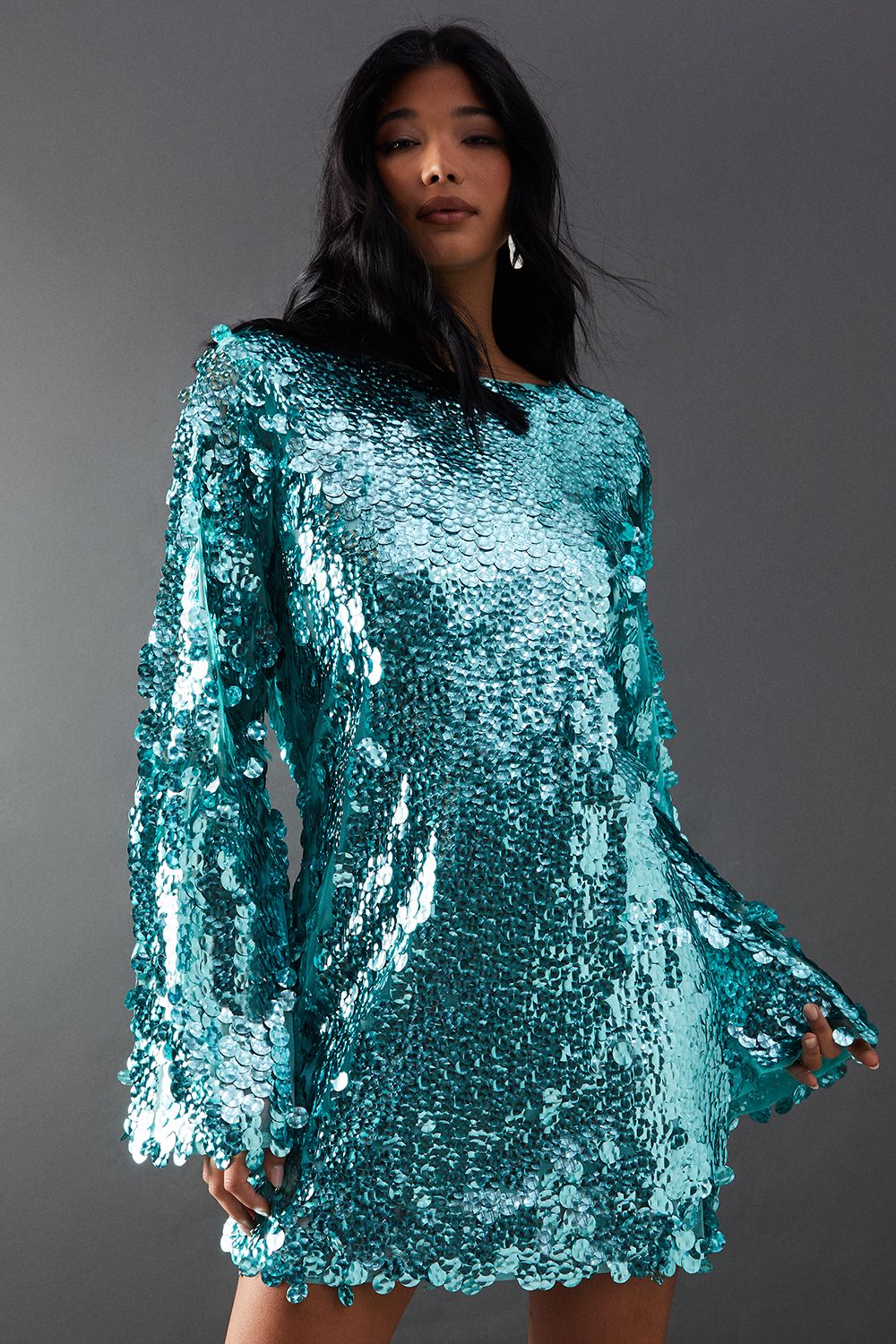 Warehouse Green Premium Holographic Sequin Slash Neck Mini Dress PLT