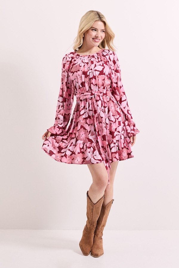 Dorothy Perkins Pink Floral Printed Blouson Sleeve Mini Dress Pink