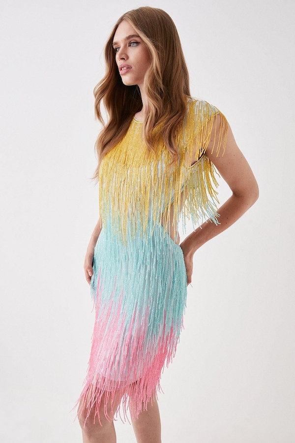Coast Beaded Fringe Colourblock Mini Dress Multi