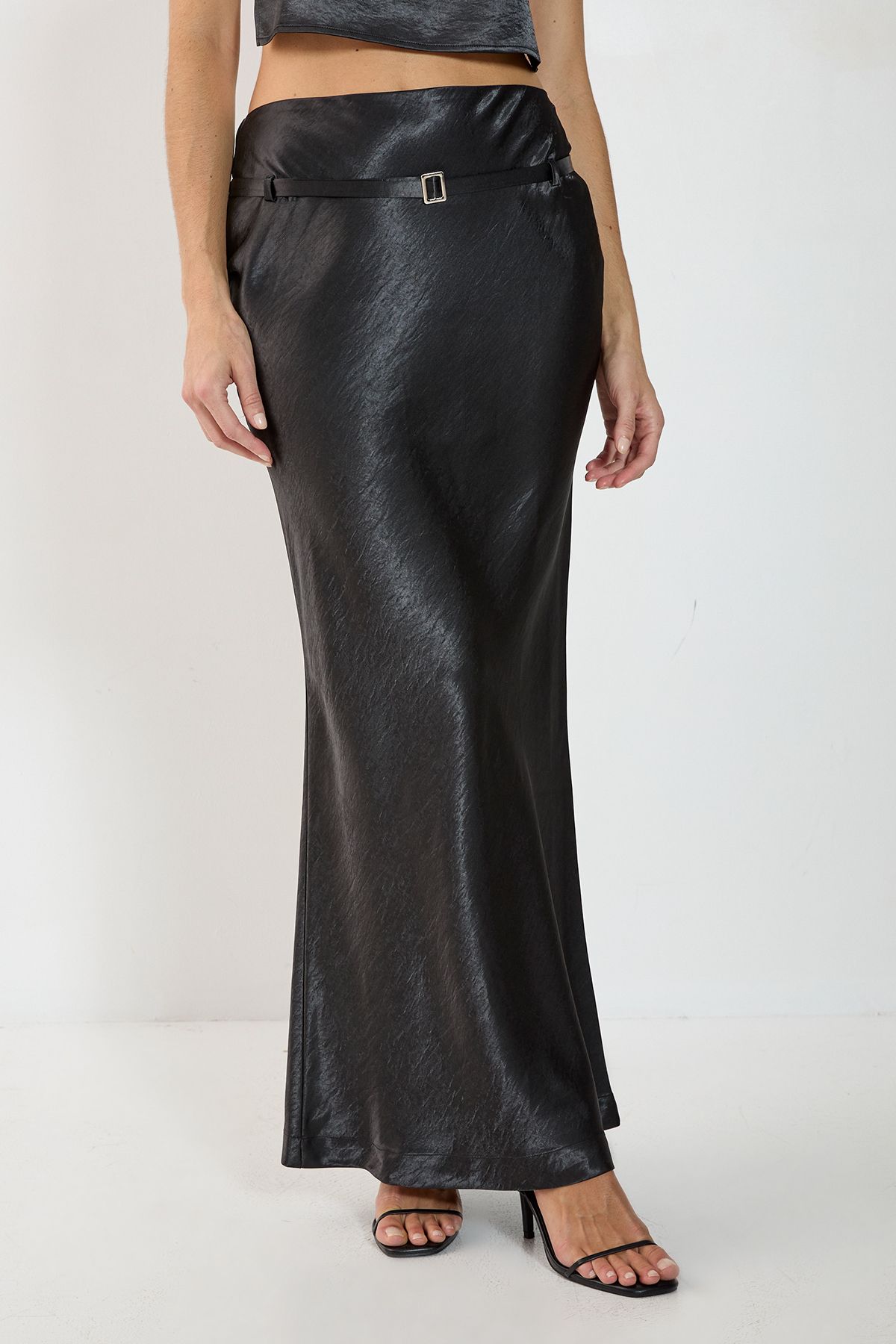 NastyGal Satin Belted Bias Cut Maxi Skirt Black image 2