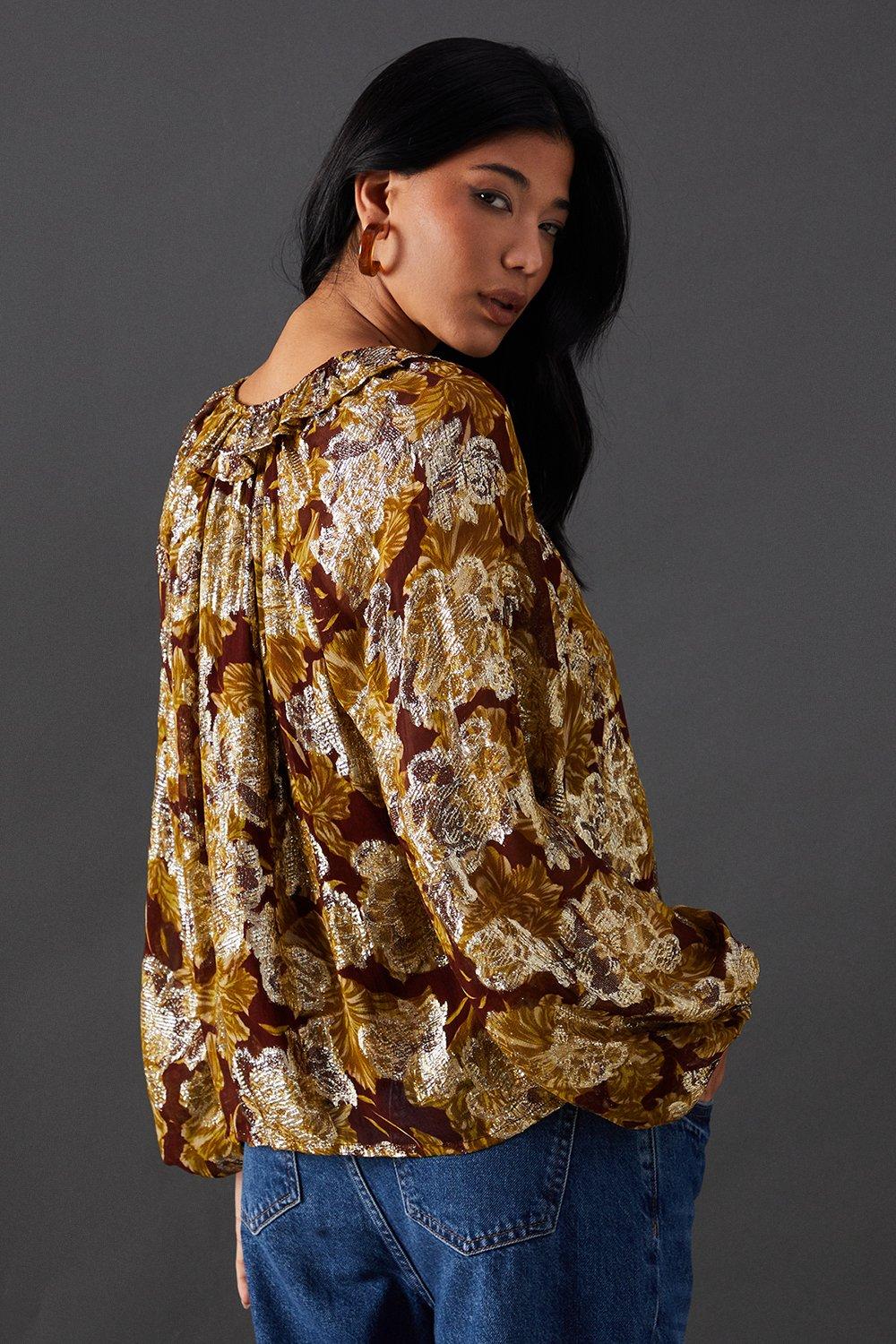 Warehouse Printed Metallic Jacquard Tie Neck Frill Collar Blouse Floral image 3
