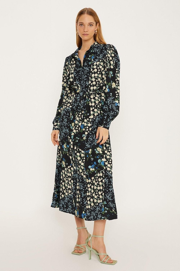Oasis Blue Floral Tie Midi Shirt Dress Black