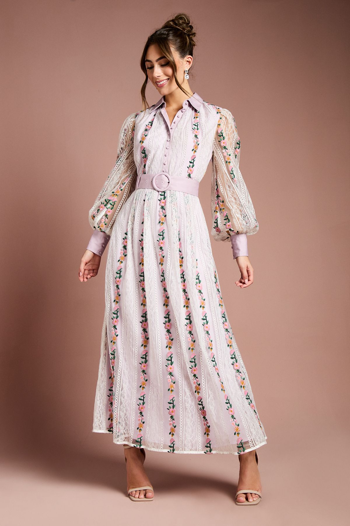 Coast Embroidered Mesh And Lace Blouson Sleeve Belted Midi Dress Lilac image 1