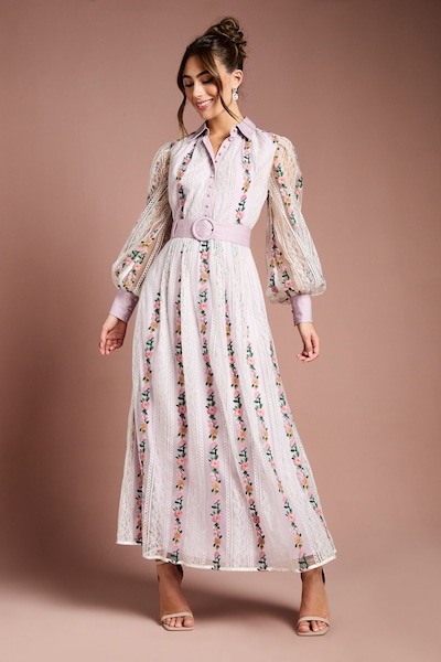 Coast Embroidered Mesh And Lace Blouson Sleeve Belted Midi Dress Lilac