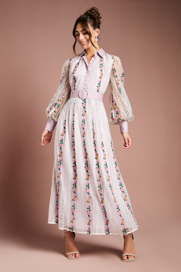 Coast Embroidered Mesh And Lace Blouson Sleeve Belted Midi Dress Lilac