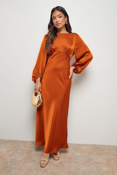 Oasis Petite Satin Boho Sleeve Crew Neck Bias Midi Dress Ginger