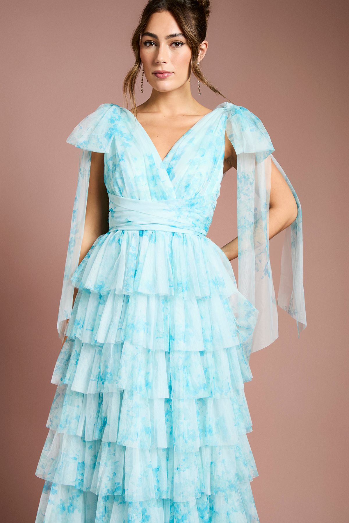 Coast Printed Ruffle Mesh Maxi Dress Blue image 4