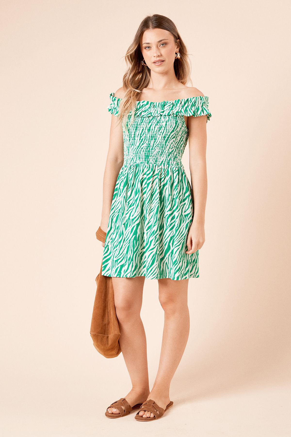 Dorothy Perkins Zebra Shirred Bodice Bardot Jersey Mini Dress Zebra image 1