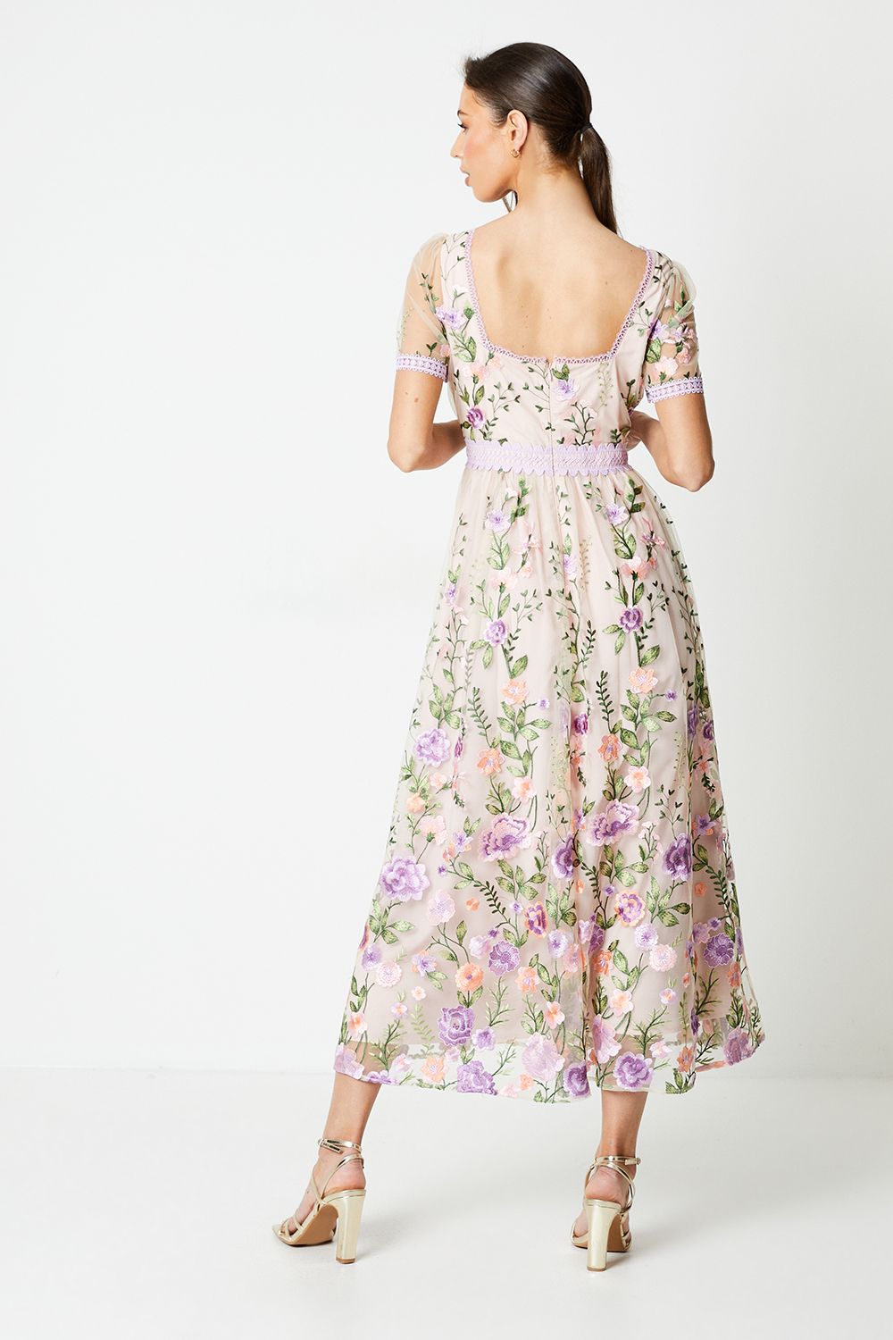 Coast Lace Trim Detail Embroidered Mesh Midi Dress Blush image 3