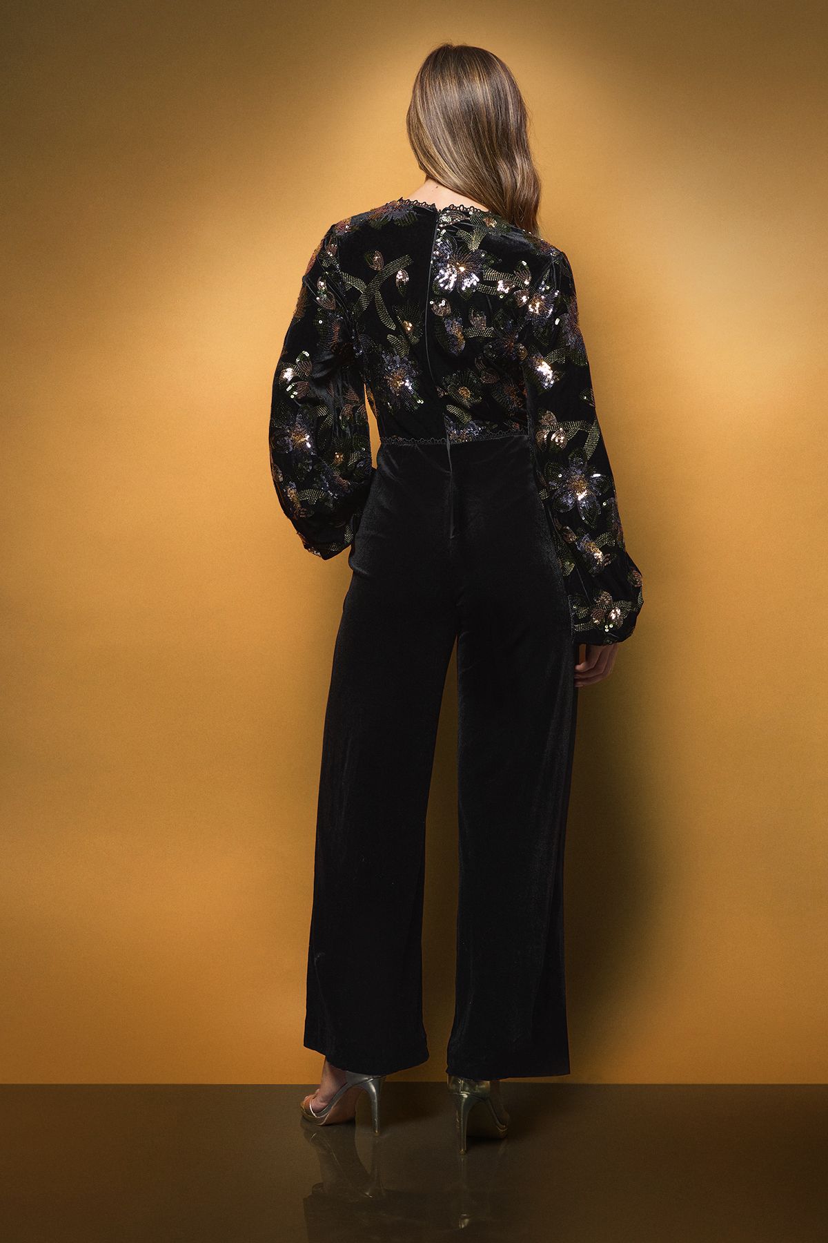 Coast V Neck Blouson Sleeve Floral Sequin Jumpsuit Black image 3