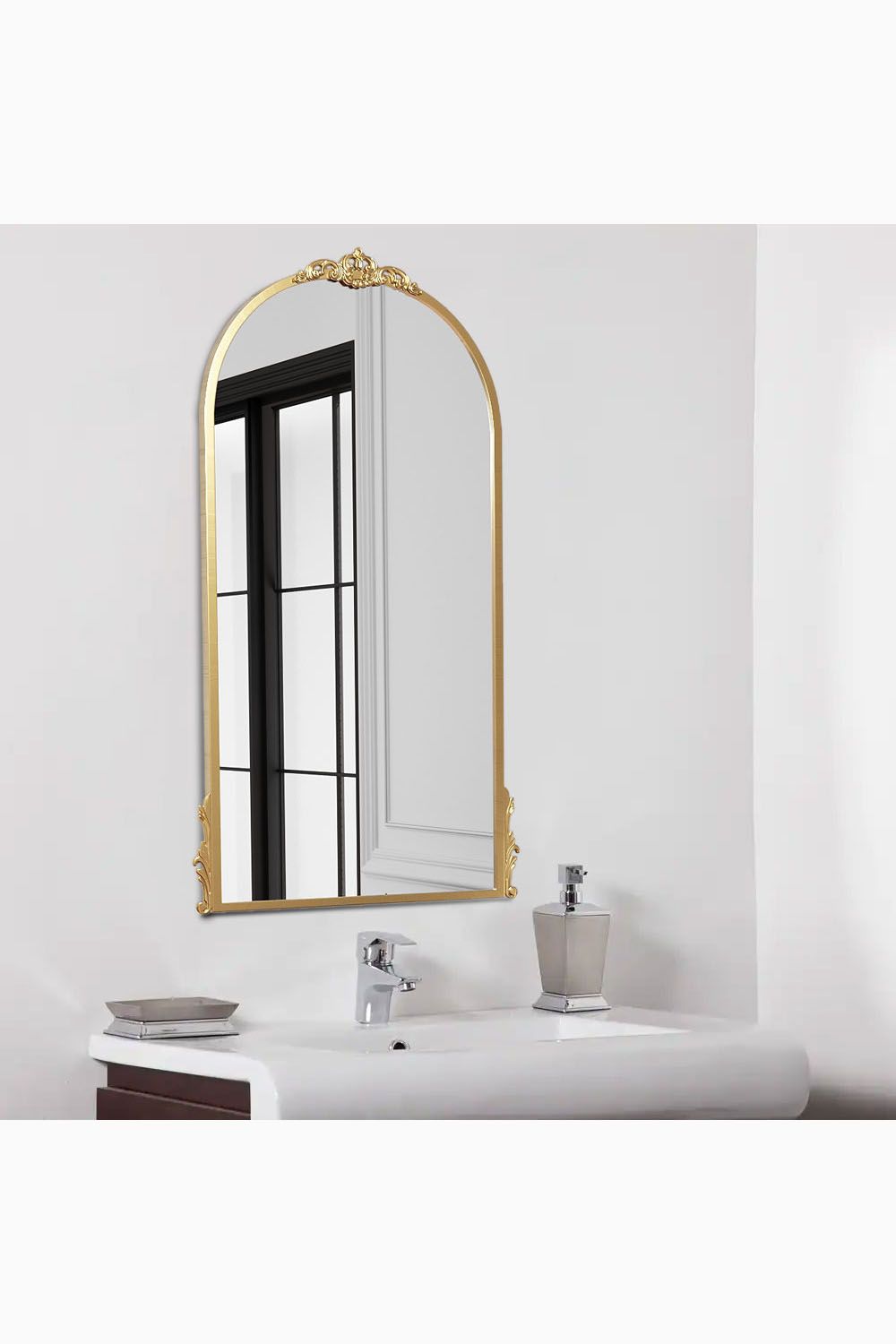 Living and Home 60cm W x 120cm H Gold Floral Carved Metal Frame Arch Wall Mirror Art Deco Vanity Mirror image 2