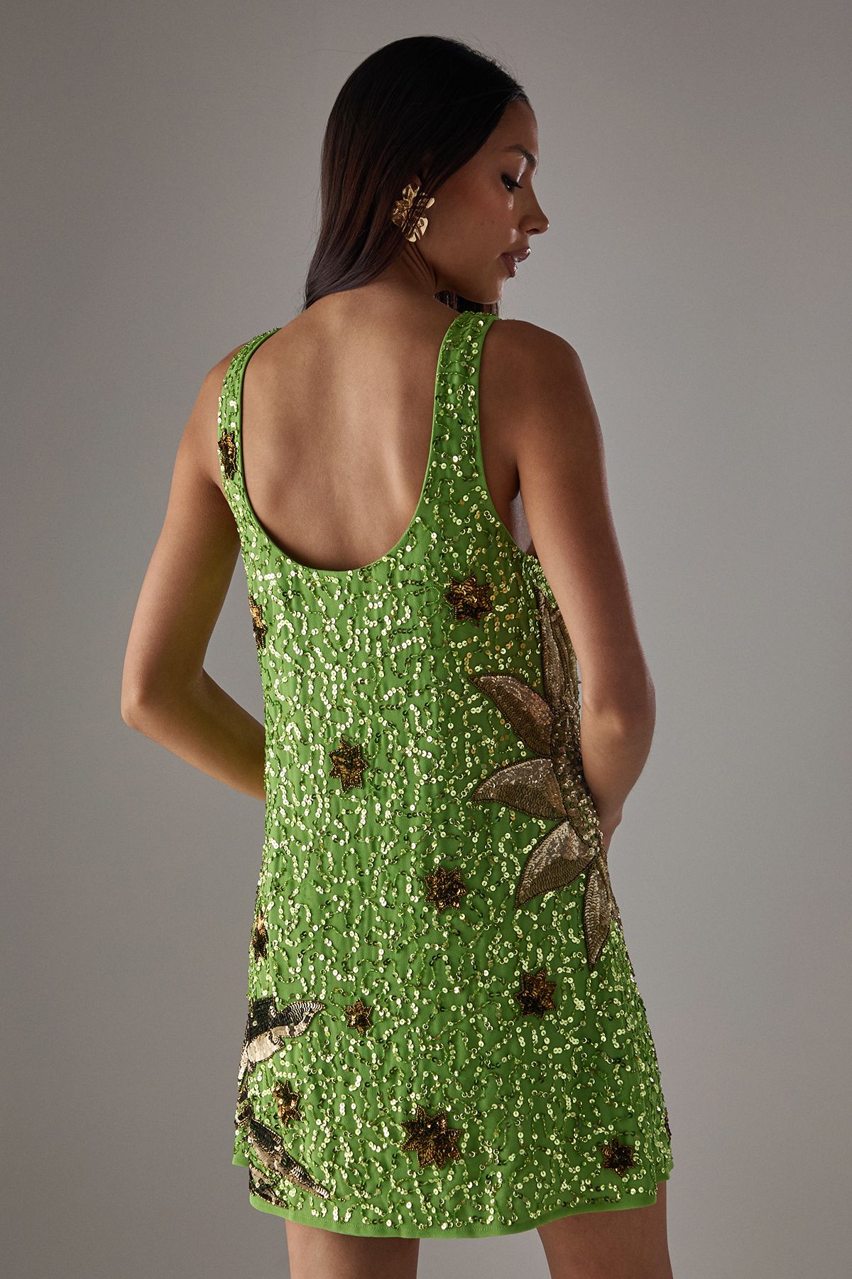 Warehouse HCD Premium Hand Embellished Scoop Neck Mini Dress Green image 3