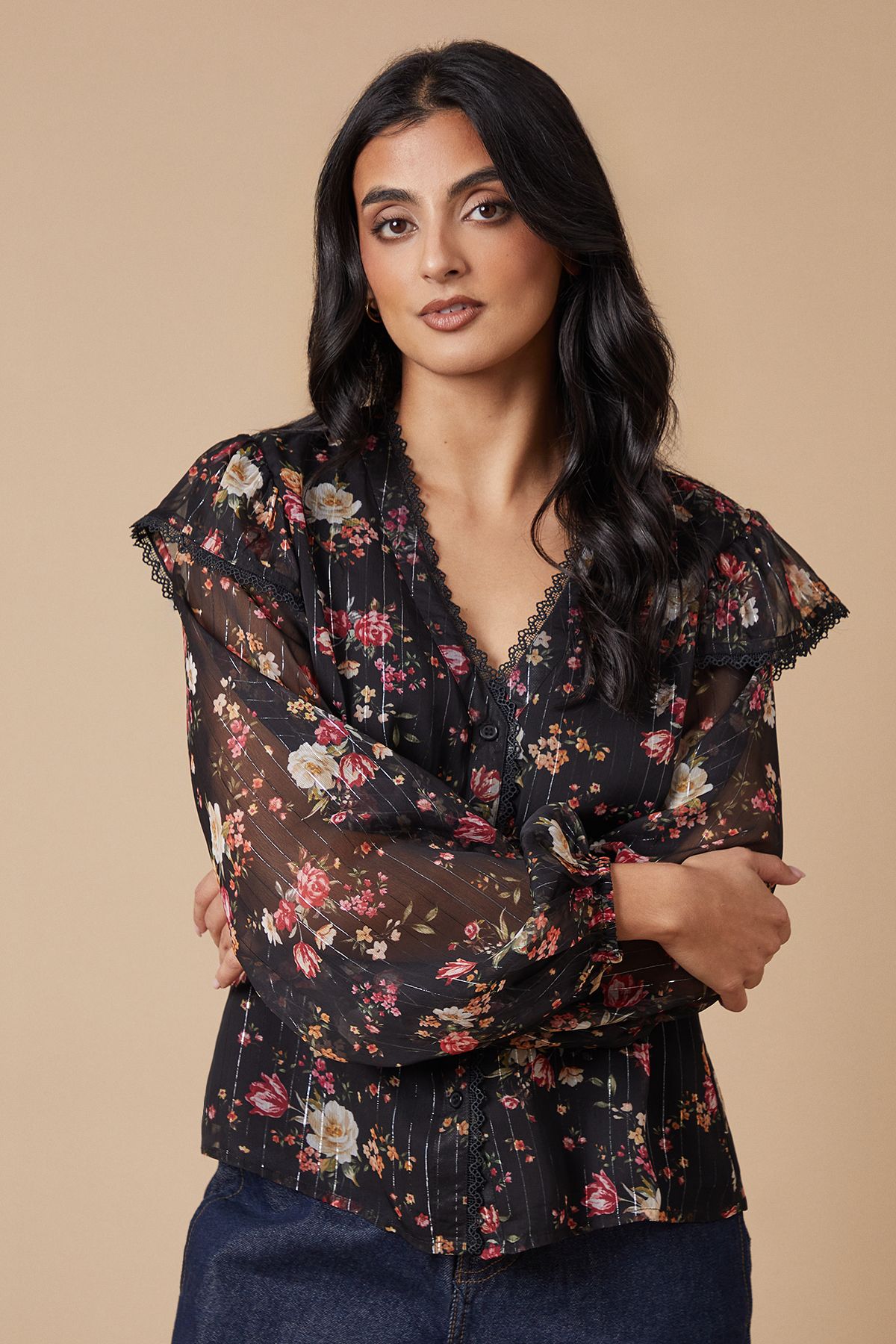 Oasis Floral Metallic Chiffon Lace Trim Ruffle Sleeve Blouse True Black image 1