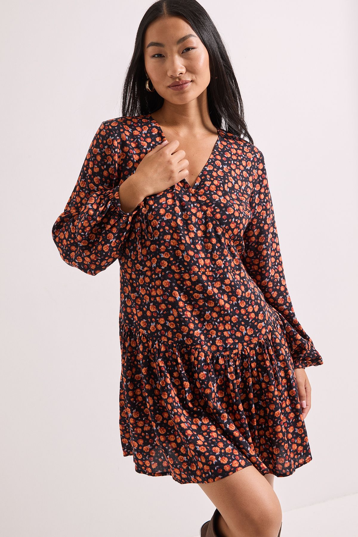 Dorothy Perkins Orange Ditsy Print Dropped Seam Detail Wrap Front Mini Dress Orange image 1