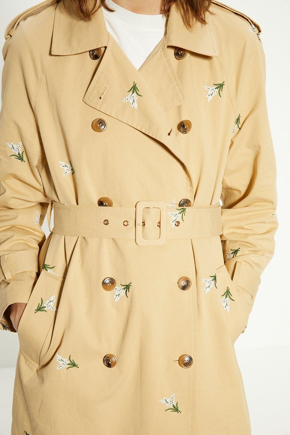 Oasis Petite Embroidered Trench Coat Beige image 2