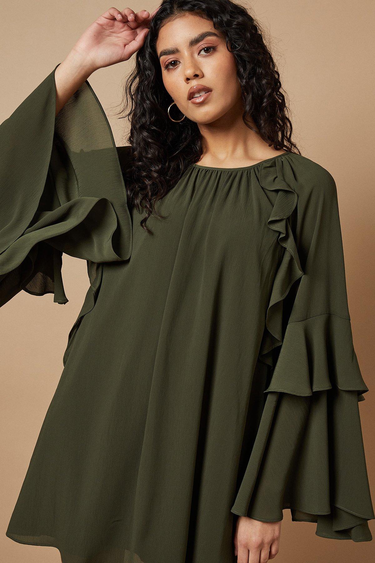 Oasis Petite Chiffon Ruffle Sleeve Mini Dress Khaki image 4