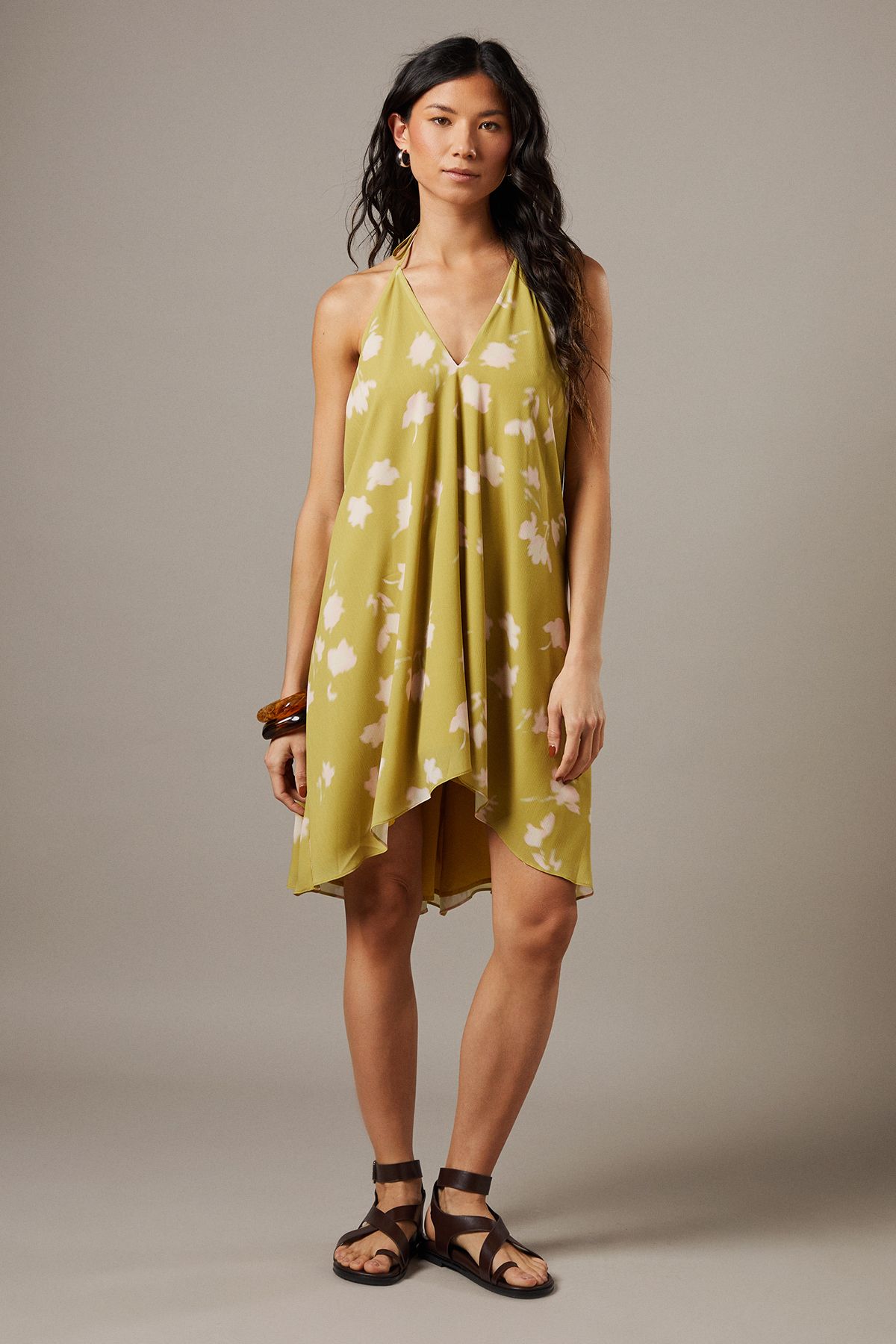 Warehouse Chiffon Halter Mini Sundress Olive image 2