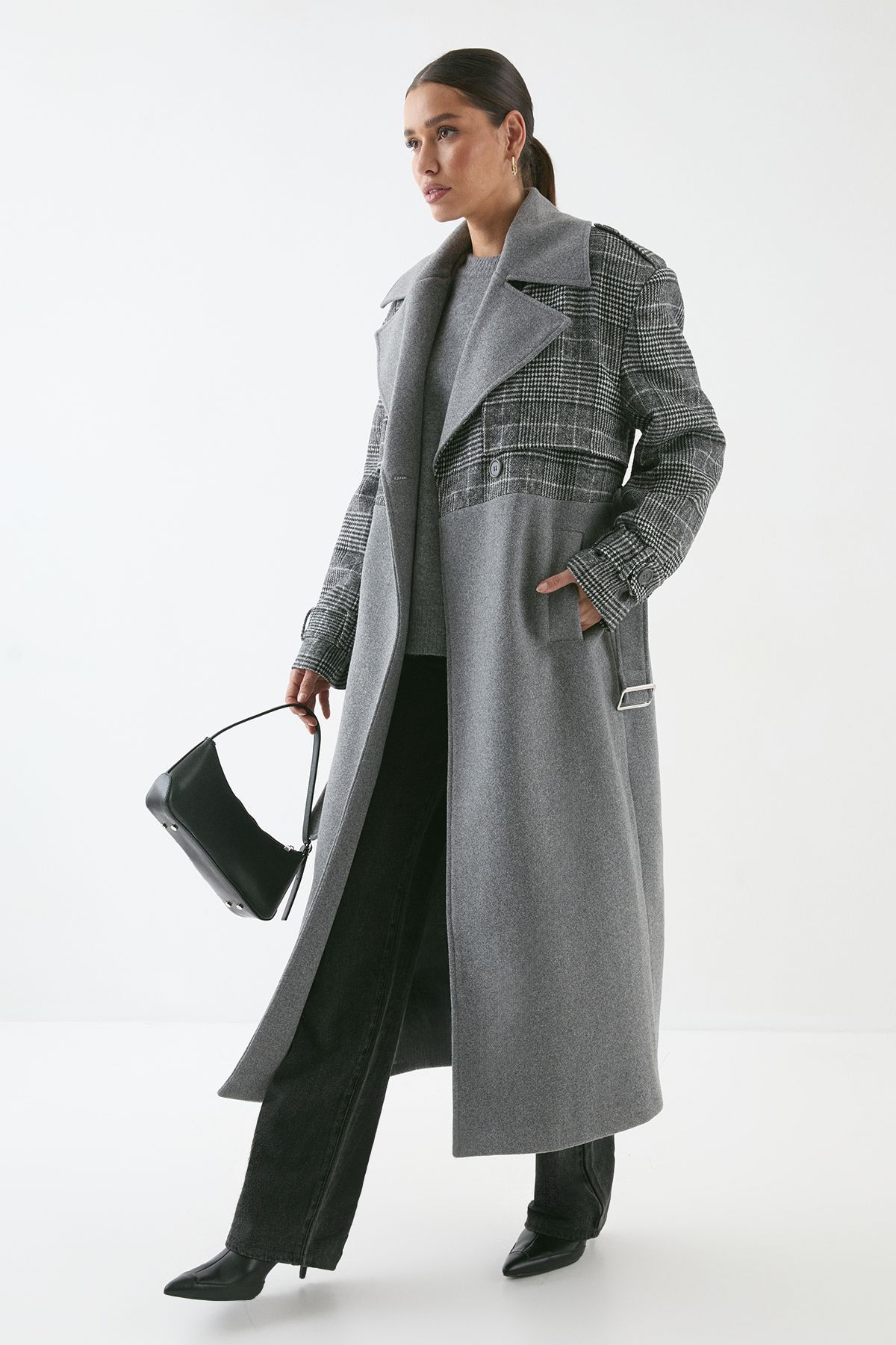 MissPap Wool Look Contrast Belted Coat Grey