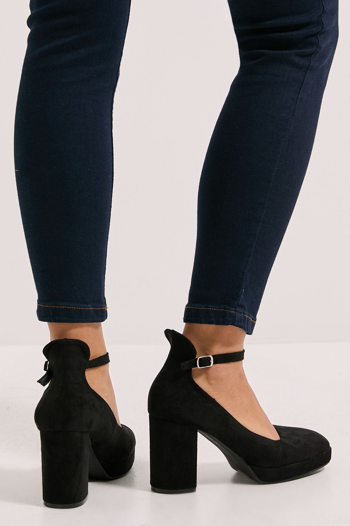 Dorothy Perkins Vanessa Faux Suede Platform Ankle Strap High Block Heel Court Shoes Natural Black image 3