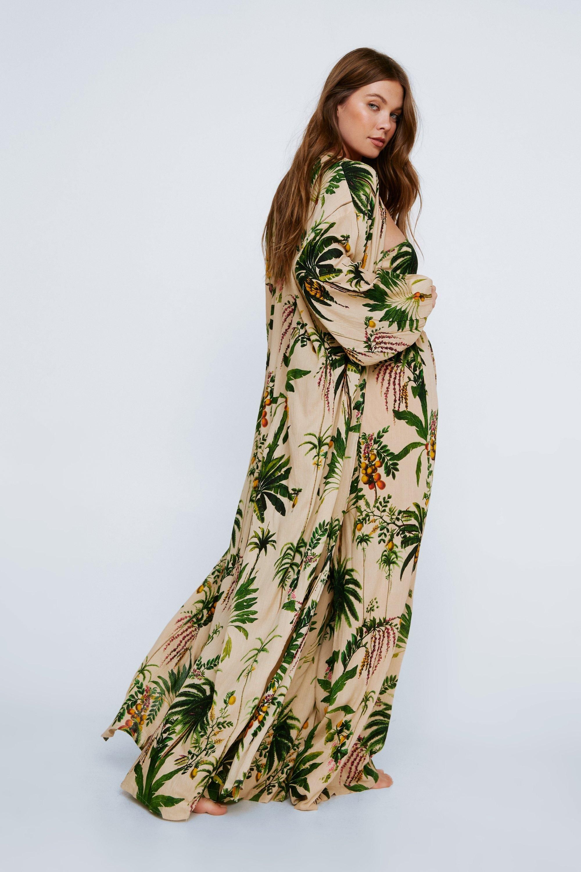 NastyGal Crinkle Palm Tree Bandeau And Maxi Kimono 3pc Pants Set Nude image 3