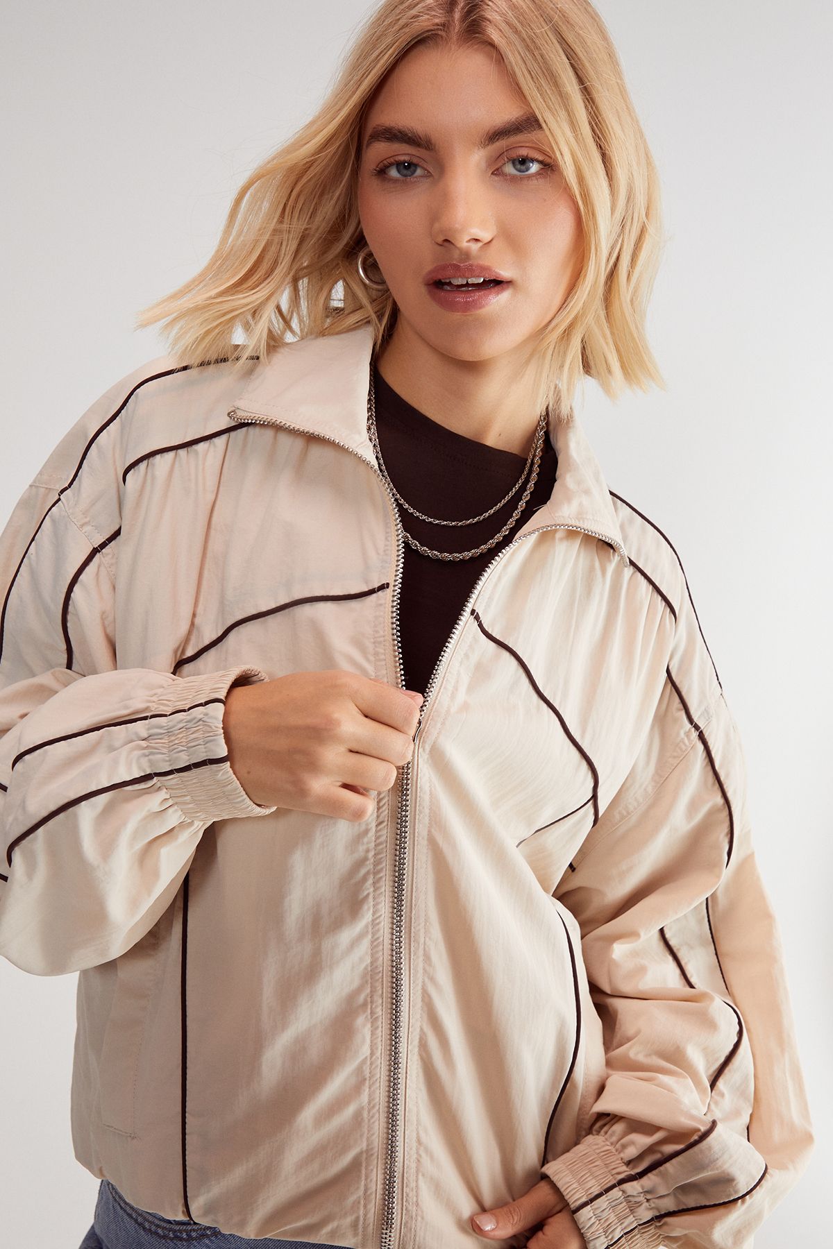 NastyGal Nylon Windbreaker Jacket Ecru image 1